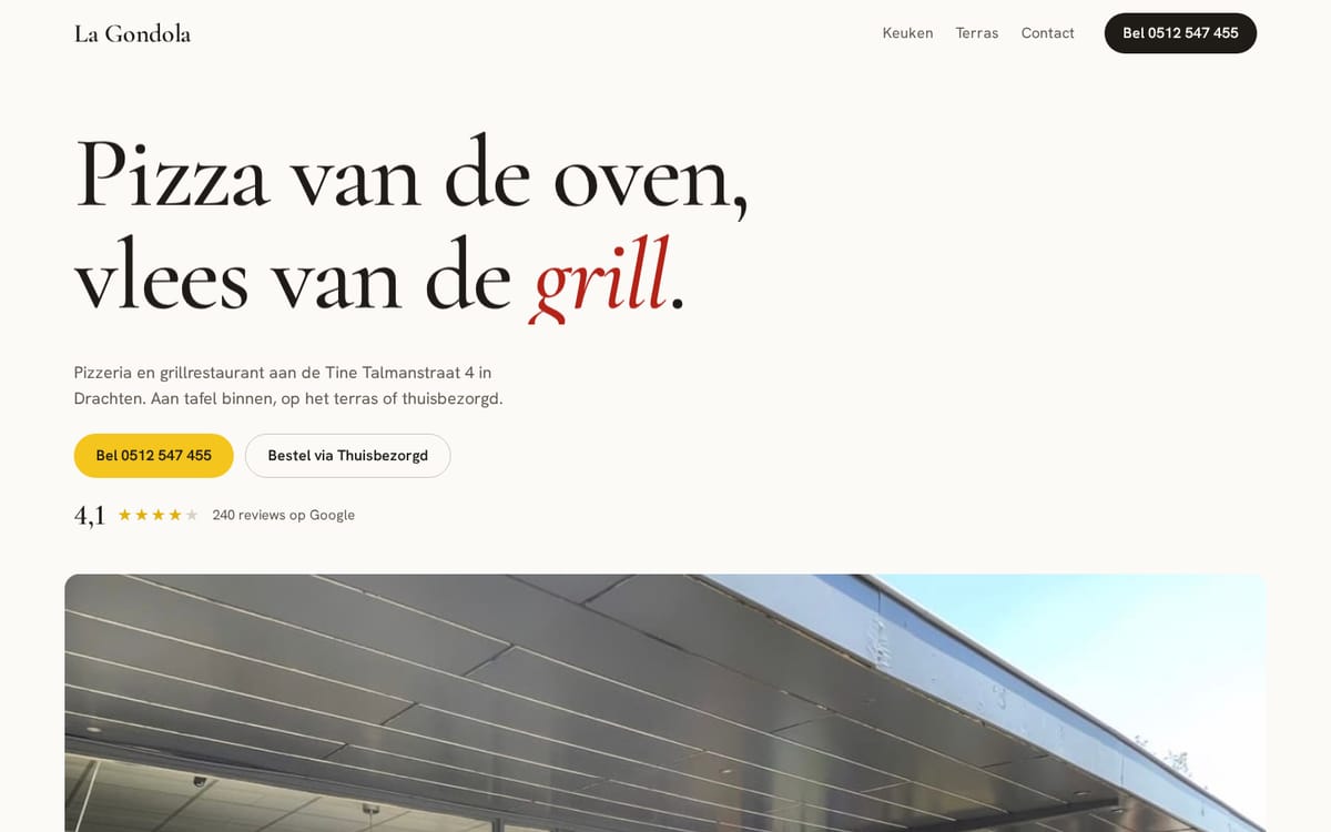 Richting A: de homepage van La Gondola met de gevelfoto en de knoppen bellen en bestellen